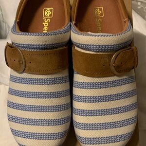 Spenco revitalign Blue and White Striped Shoes with Brown Strap.  NEW in box